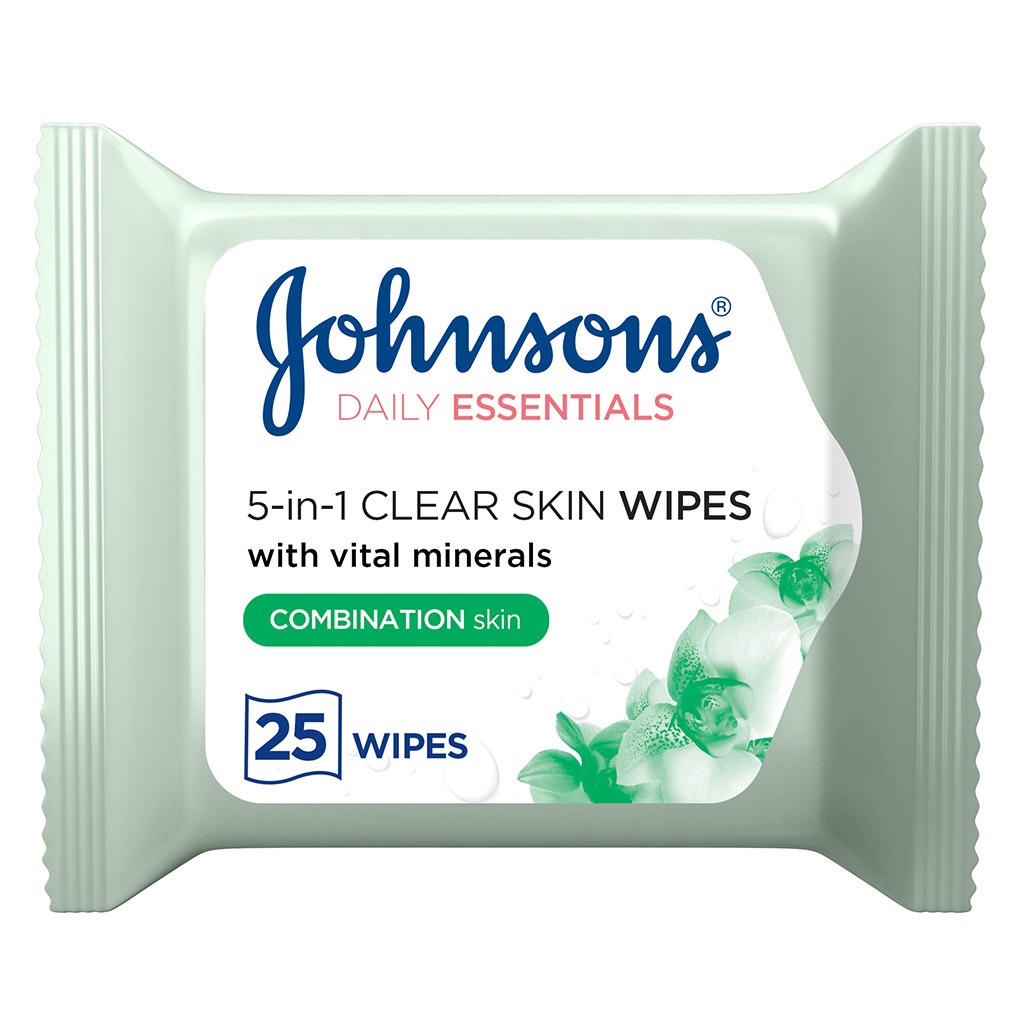 Johnson's Daily Essentials 5-in-1 Clear Skin Cleansing Makeup Remover Wipes For Combination Skin, Pack of 25's