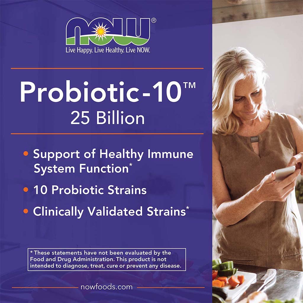 Now Probiotic-10 25 Billion CFU Capsules With 10 Probiotic Strains For Healthy Intestinal Flora, Pack of 50's