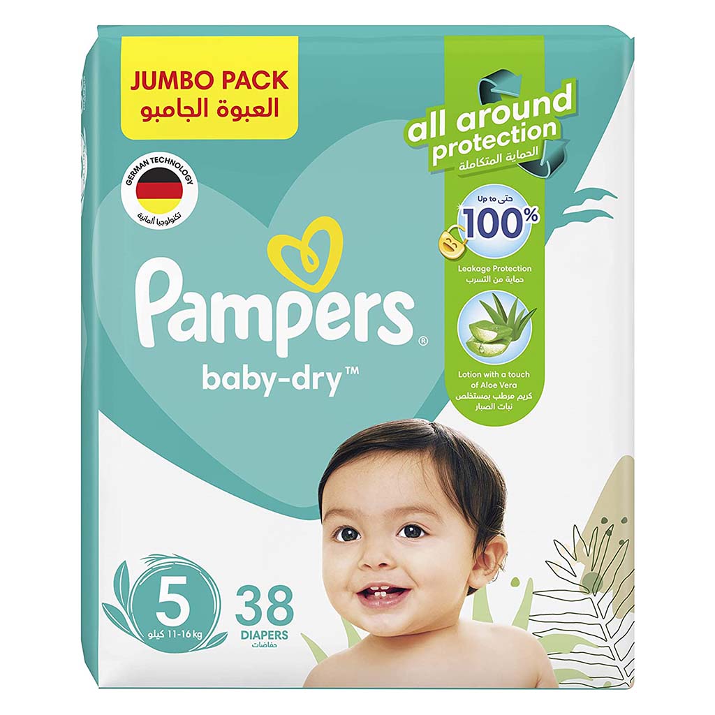 Pampers Baby-Dry Diapers With Aloe Vera Lotion & Leakage Protection, Size 5, For 11-16 Kg Baby, Jumbo Pack of 38's