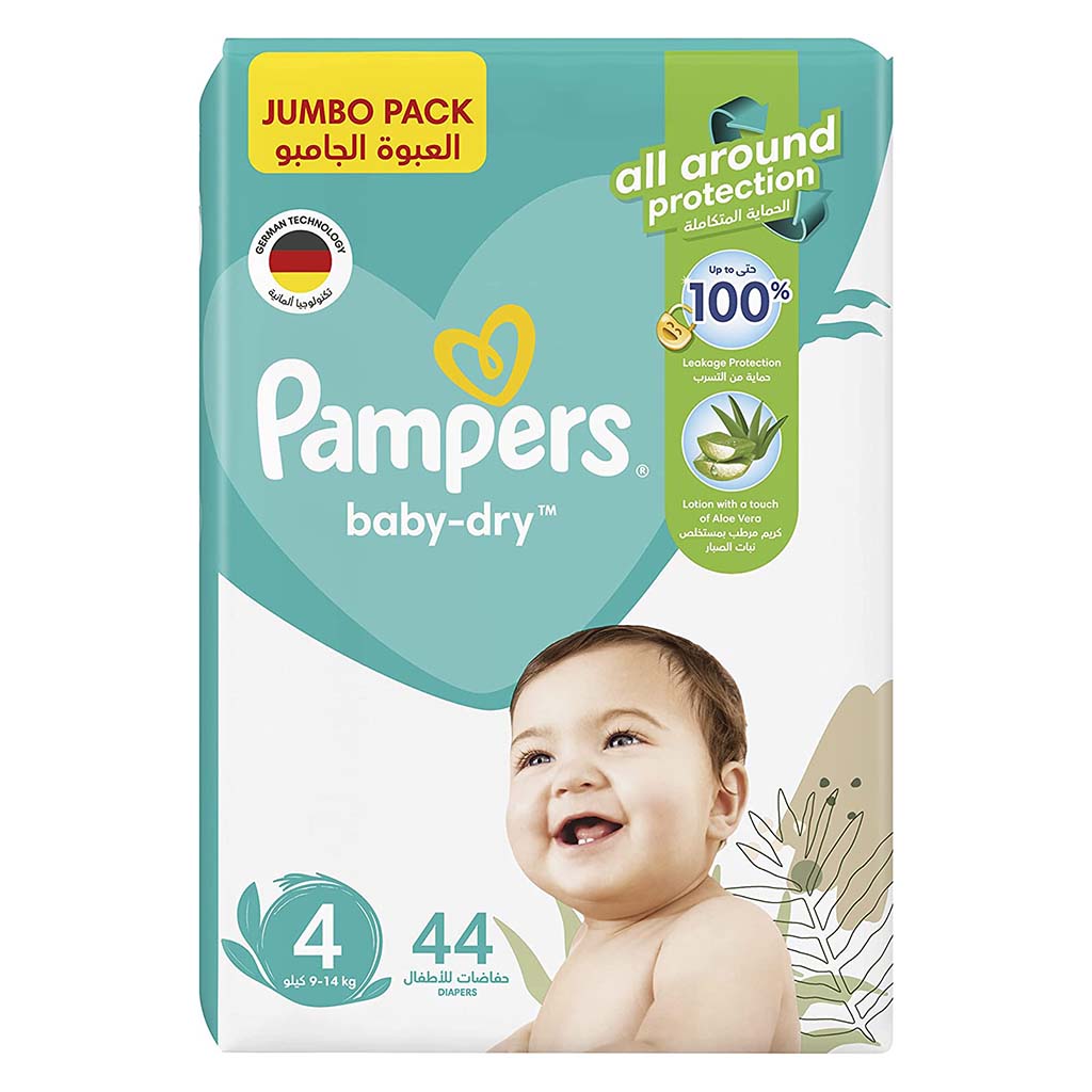Pampers Baby-Dry Diapers With Aloe Vera Lotion & Leakage Protection, Size 4, For 9-14 Kg Baby, Jumbo Pack of 44's