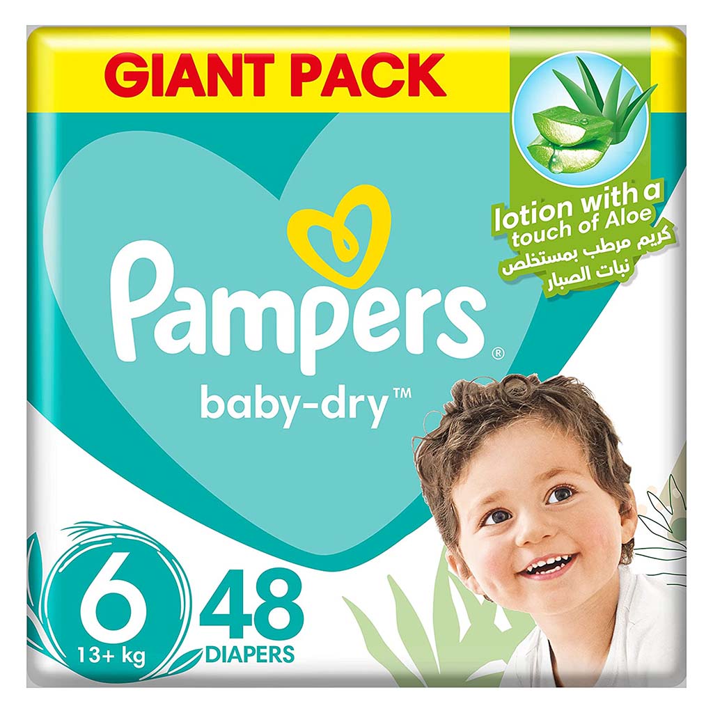 Pampers Baby-Dry Diapers With Aloe Vera Lotion & Leakage Protection, Size 6, For 13+ Kg Baby, Giant Pack of 48's