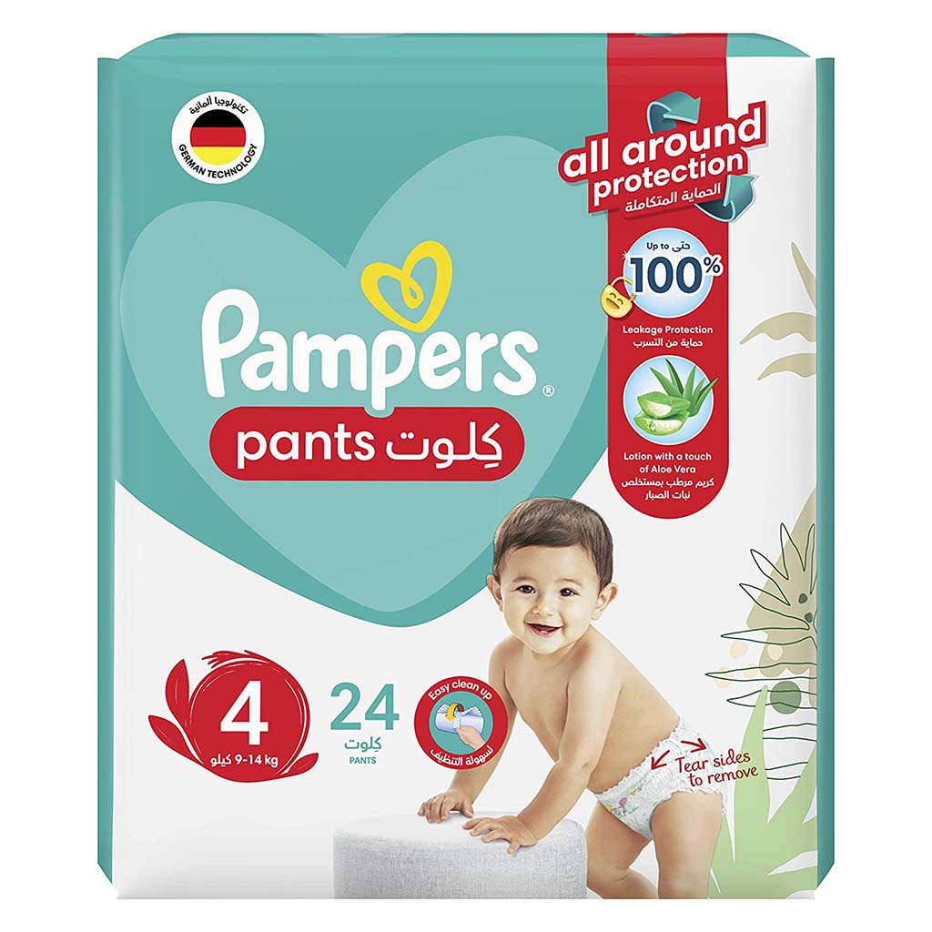 Pampers Aloe Vera Lotion Infused Baby-Dry Pants With Stretchy Sides & Leakage Protection, Size 4, For 9-14 Kg Baby, Mega Pack of 24's