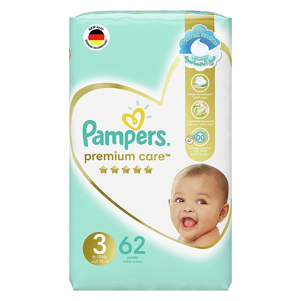 Pampers Premium Care Softest Best Skin Protection Diapers, Size 3, For 6-10 Kg Baby, Pack of 62's