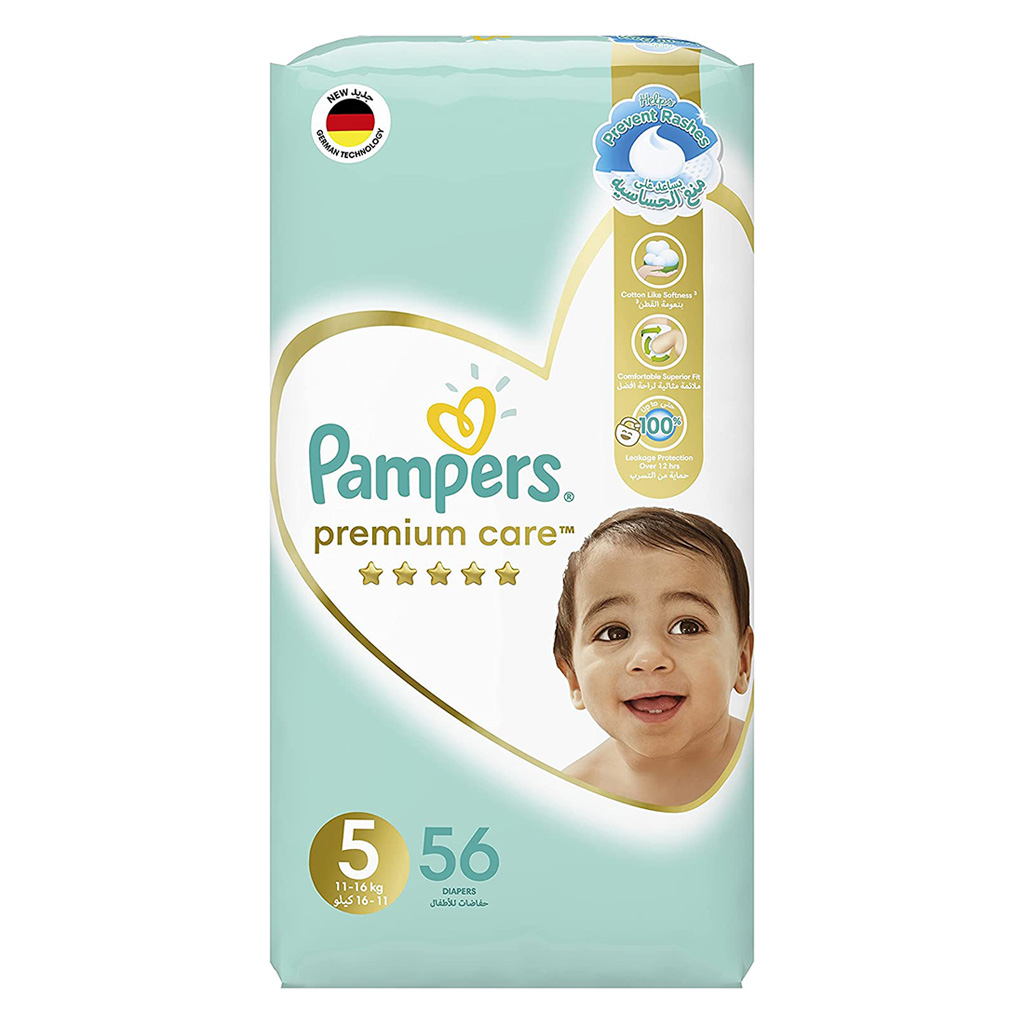 Pampers Premium Care Softest Best Skin Protection Diapers, Size 5, For 11-16kg Baby, Pack of 56's