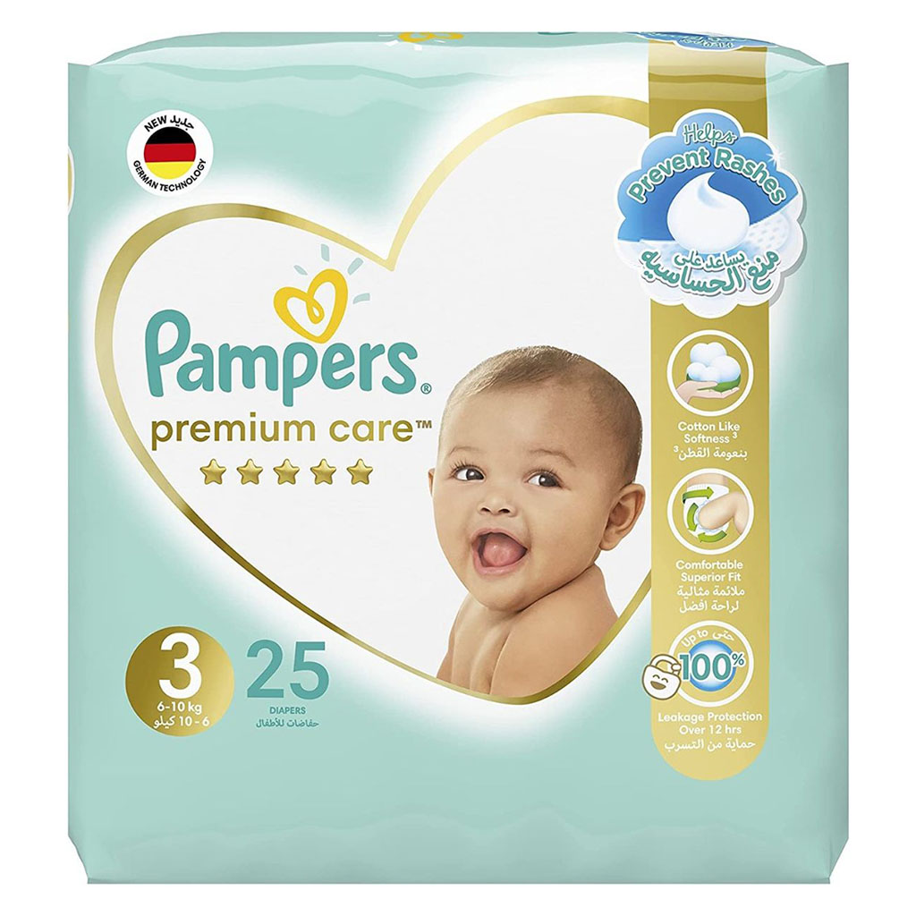 Pampers Premium Care Softest Best Skin Protection Diapers, Size 3, For 6-10 Kg Baby, Pack of 25's