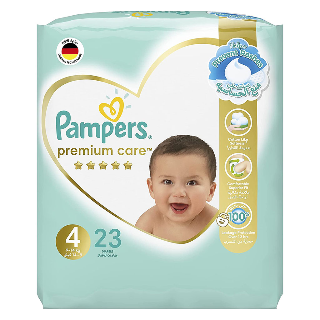 Pampers Premium Care Softest Best Skin Protection Diapers, Size 4, For 9-14 Kg Baby, Pack of 23's