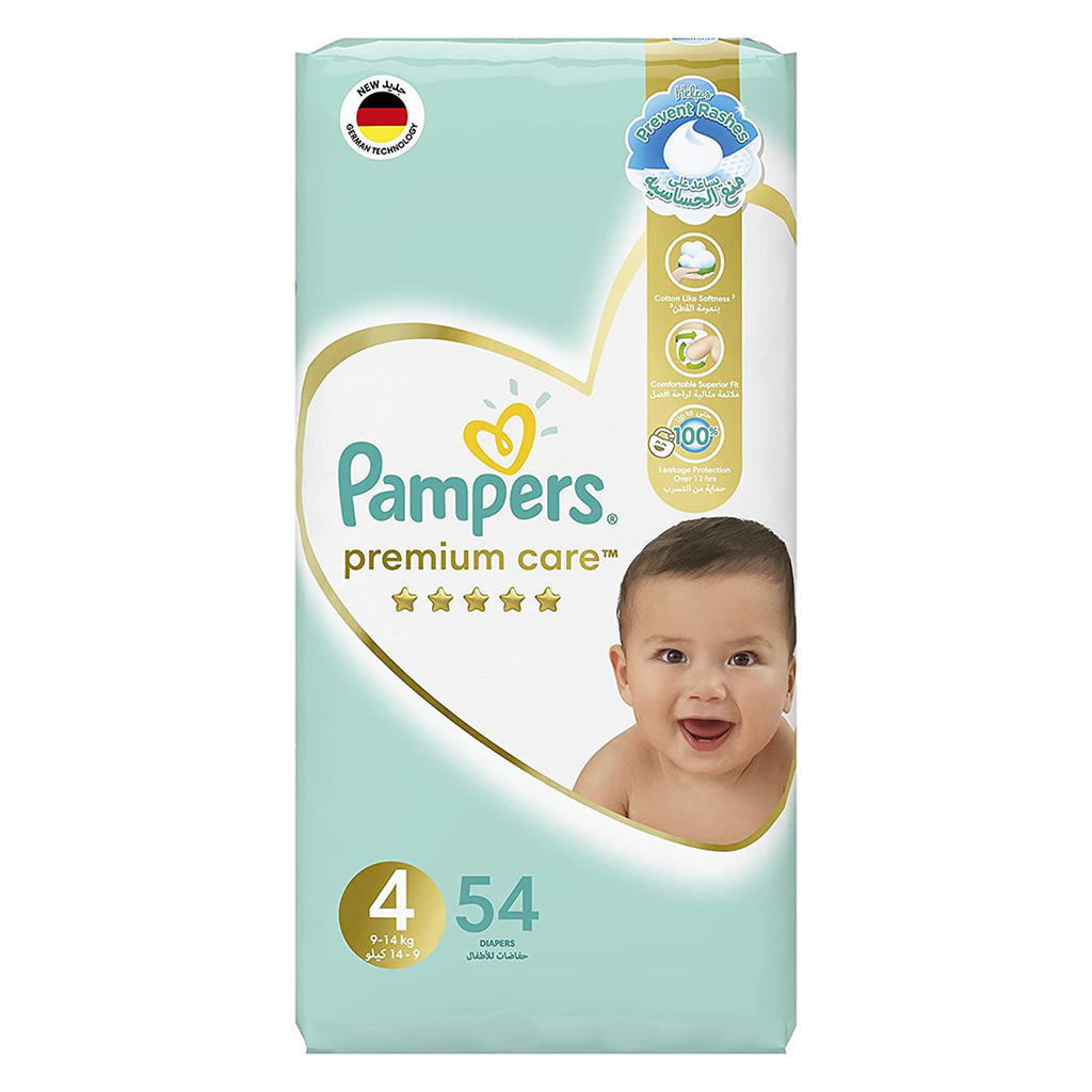 Pampers Premium Care Softest Best Skin Protection Diapers, Size 4, For 9-14 Kg Baby, Pack of 54's