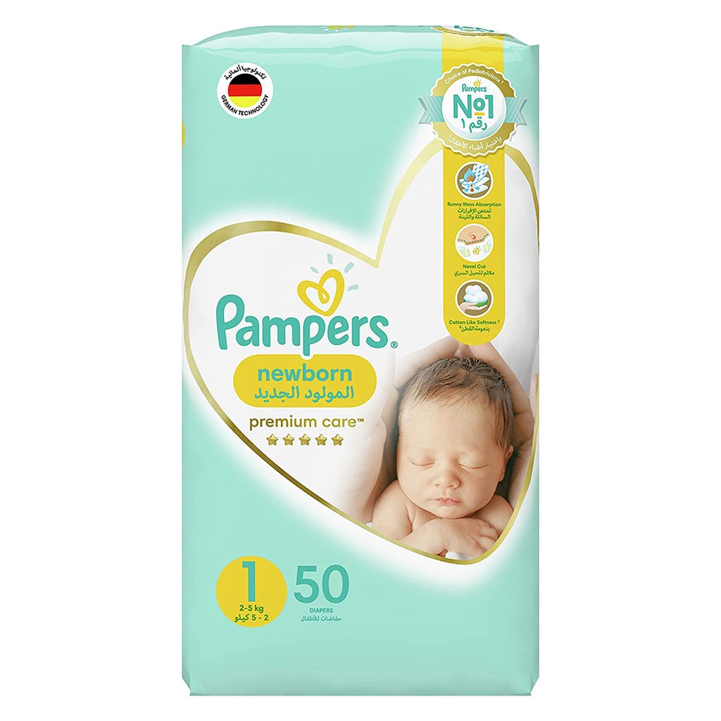 Pampers Premium Care Softest Best Skin Protection Diapers, Size 1, For Newborn Weighing 2-5 kg, Pack of 50's