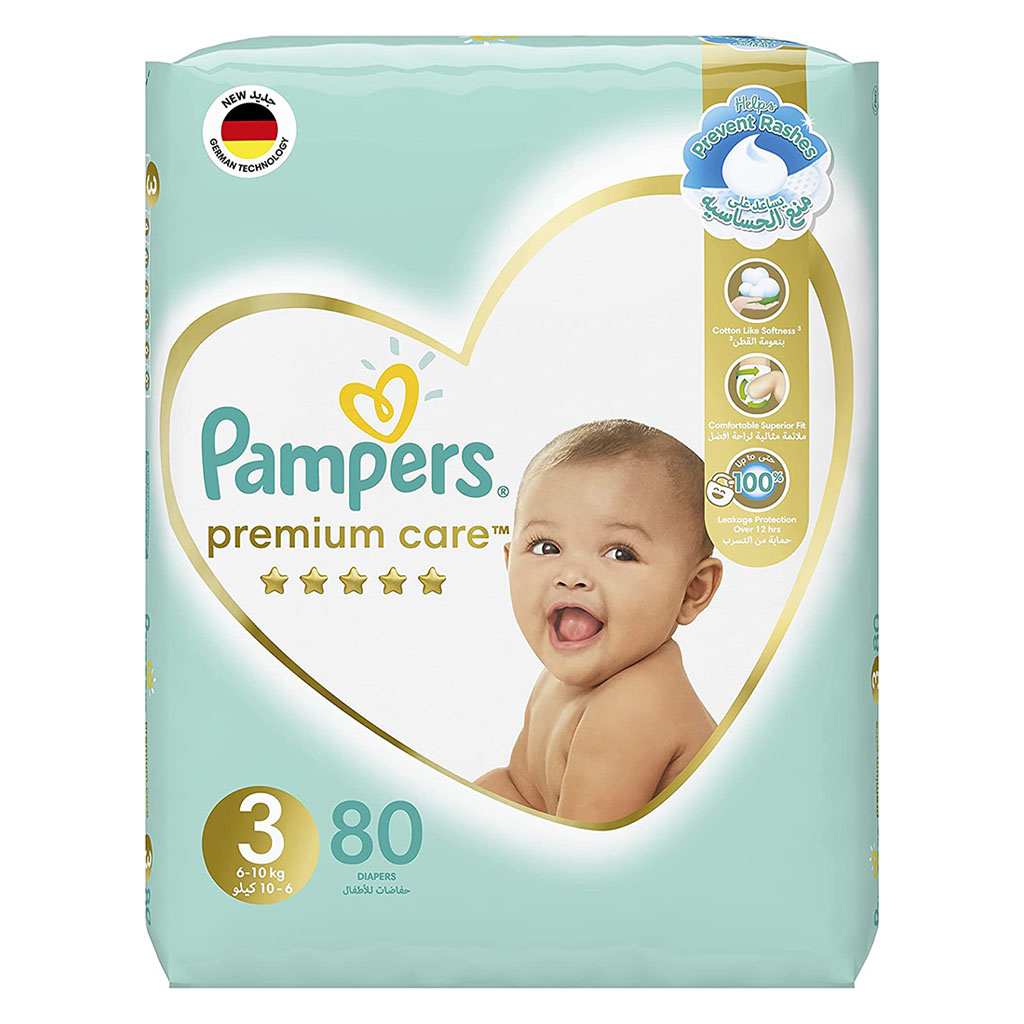 Pampers Premium Care Softest Best Skin Protection Diapers, Size 3, For 6-10 Kg Baby, Pack of 80's