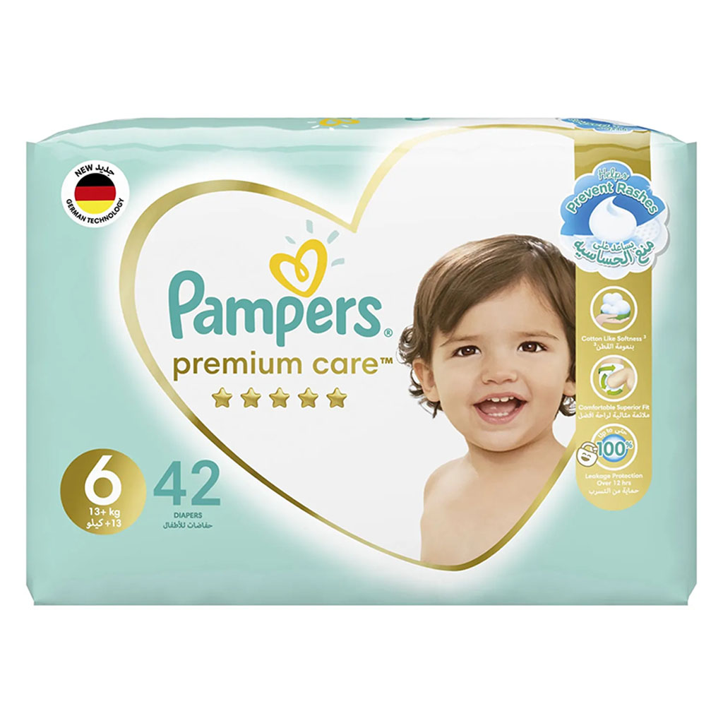 Pampers Premium Care Softest Best Skin Protection Diapers, Size 6, For 13+ Kg Baby, Pack of 42's