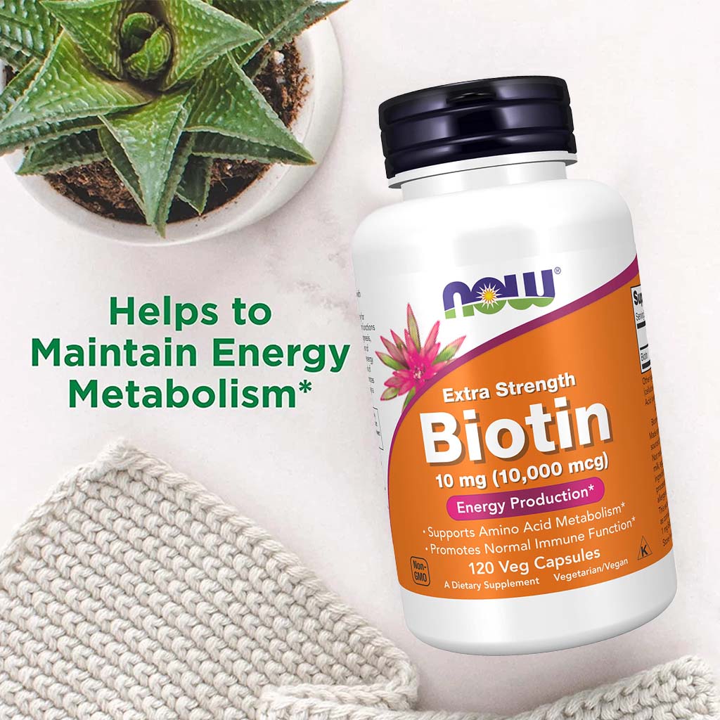 Now Extra Strength Biotin 10,000 mcg Vegetarian Capsules For Energy Production, Pack of 120's