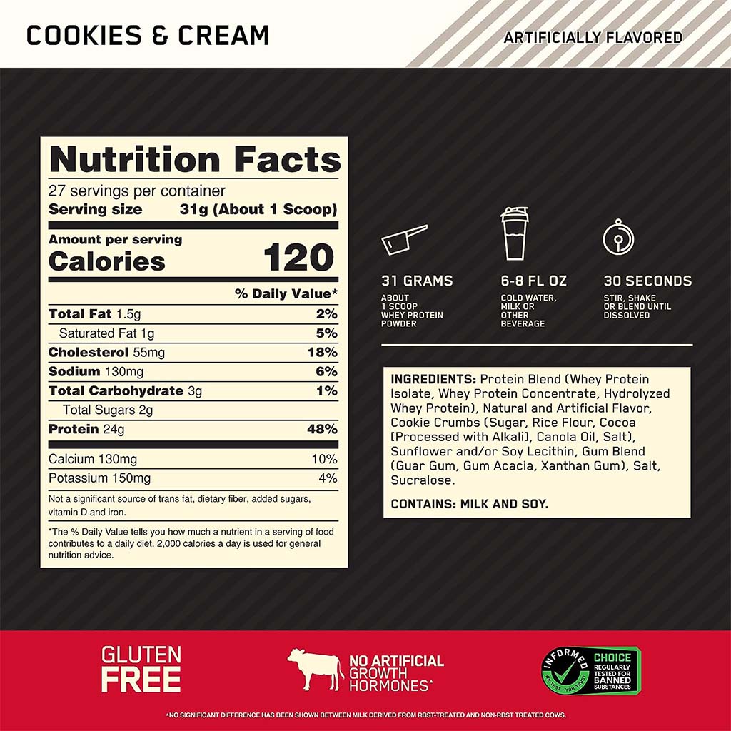 Optimum Nutrition Gold Standard 100% Whey Protein Powder Drink Mix Cookies & Cream Powder 5lb