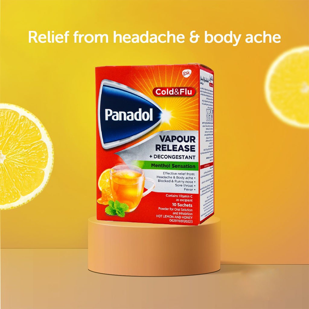 Panadol Cold And Flu Vapour Release + Decongestant, Hot Lemon & Honey Sachets, Pack of 10's