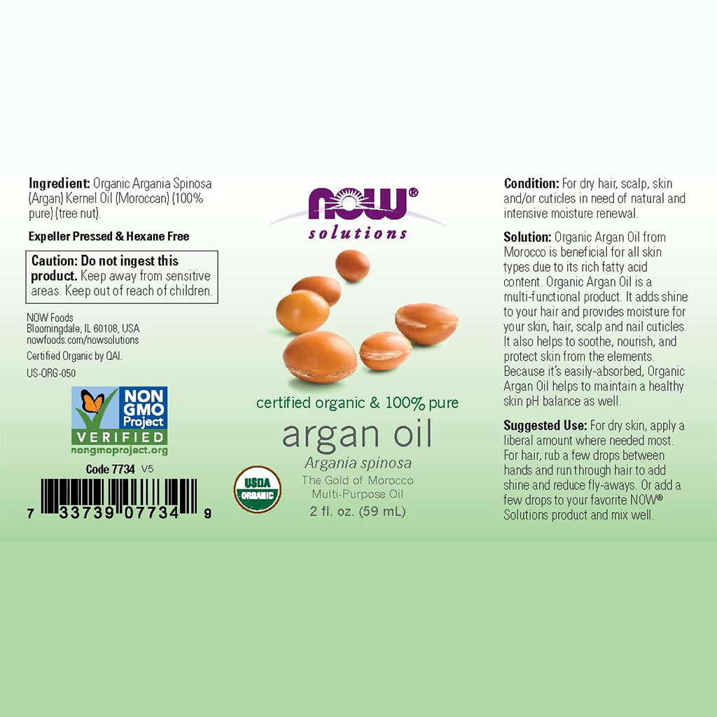 Now Solutions 100% Pure Organic Argan Oil For Dry Skin, Scalp & Hair 59ml
