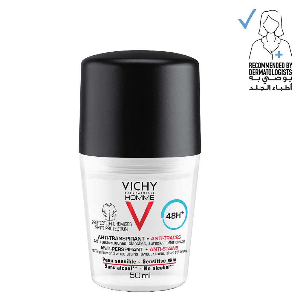 Vichy Homme 48 Hour Anti-Perspirant, Anti-Stain Alcohol Free Deodorant Roll On 50ml