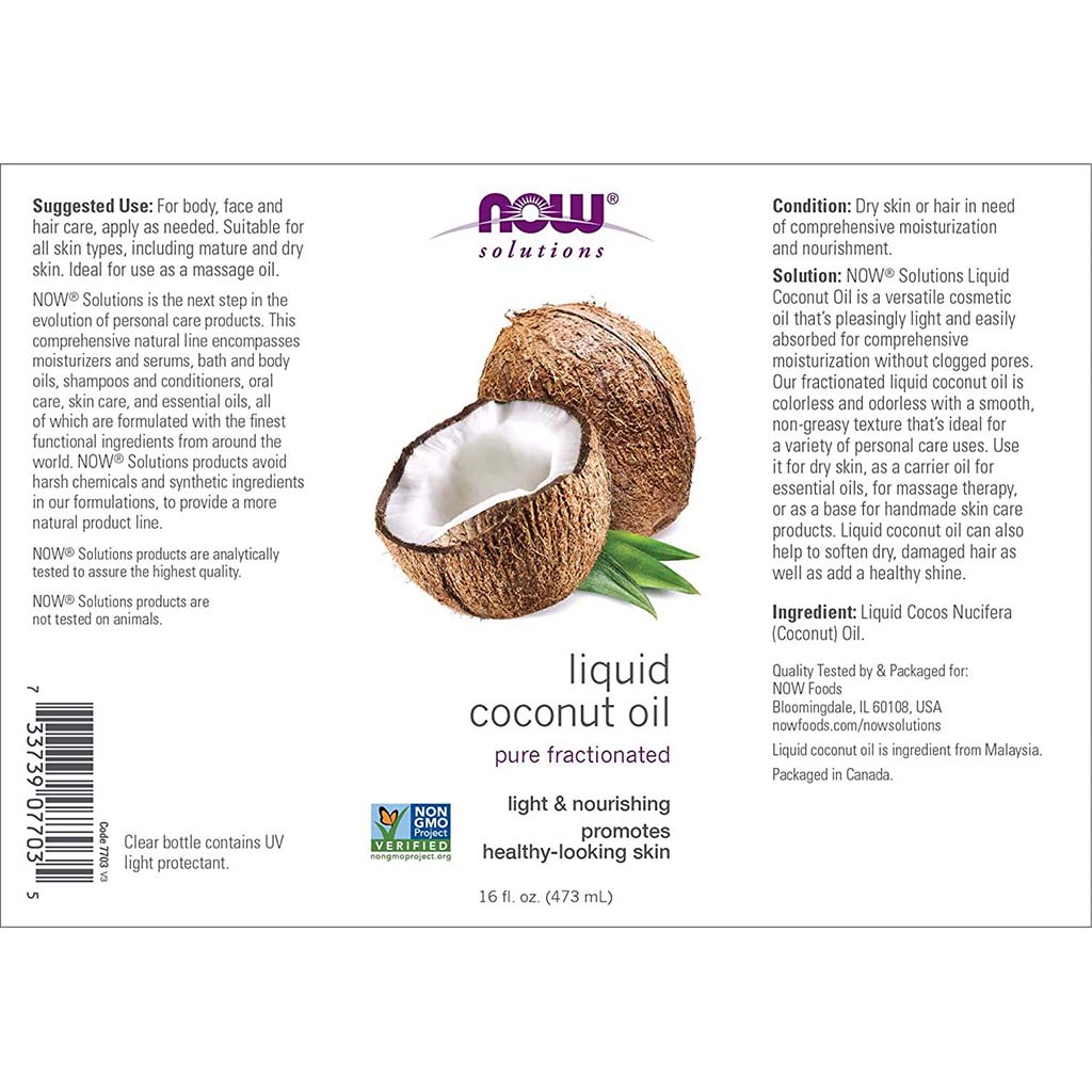 Now Solutions Pure Fractionated Liquid Coconut Oil For Dry Skin & Hair 475ml