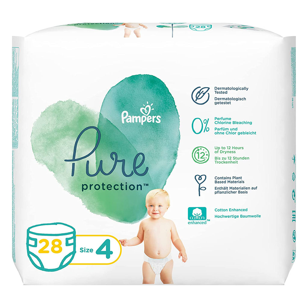 Pampers Pure Protection Dermatologically Tested Perfume Free Diapers, Size 4, For 9-14 Kg Baby, Pack of 28's