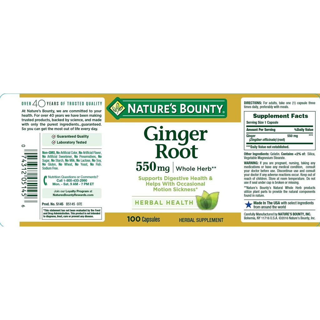 Nature's Bounty Ginger Root 550 mg Capsules 100's