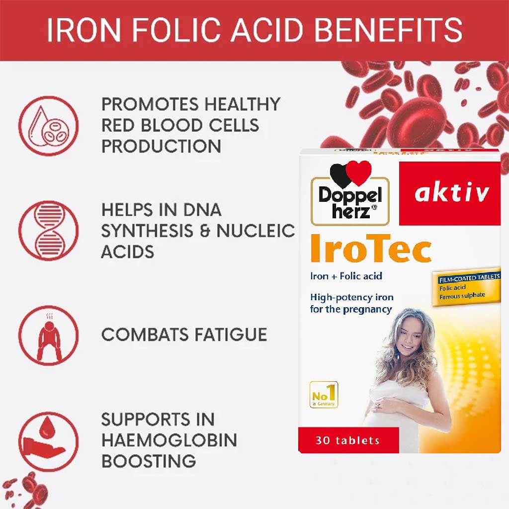 Doppelherz aktiv IroTec Iron + Folic Acid Tablets For Pregnancy Support, Pack of 30's