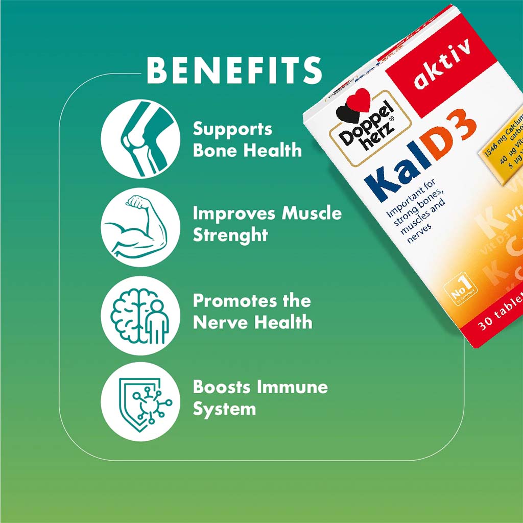 Doppelherz aktiv KalD3 Tablets With Calcium, Vitamin K & Vitamin D For Strong Bones, Muscles & Nerves, Pack of 30's