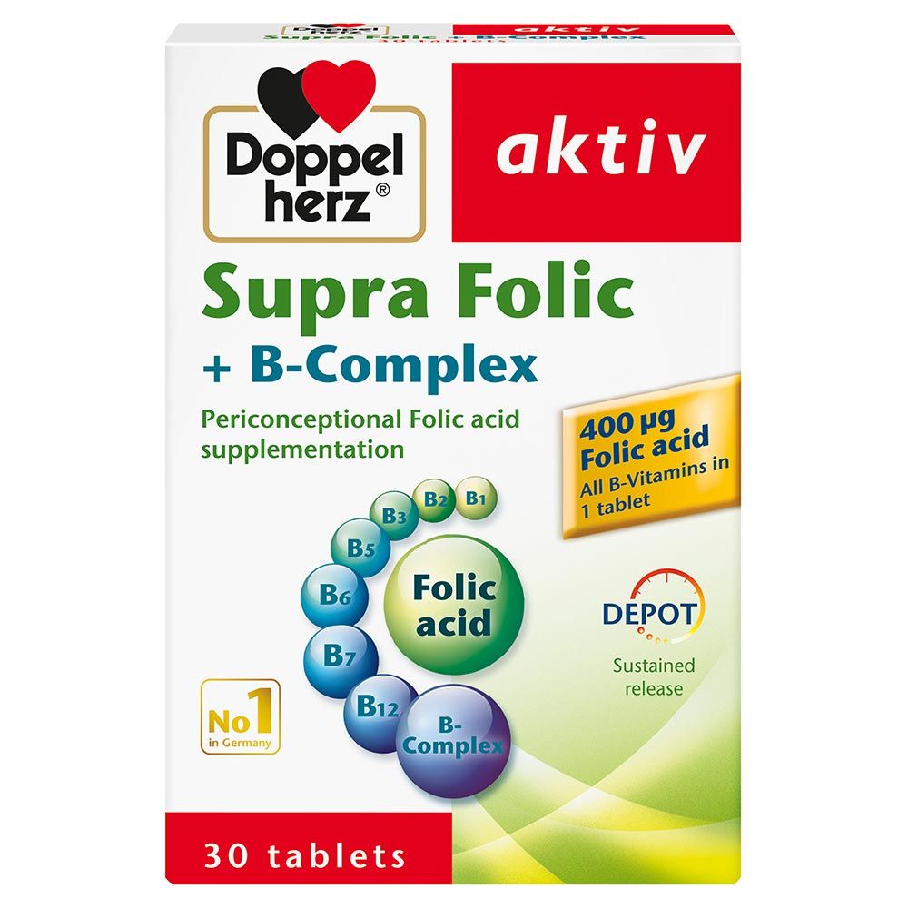 Doppelherz aktiv Supra Folic + B-Complex Tablets For Cell Division & Energy Support, Pack of 30's