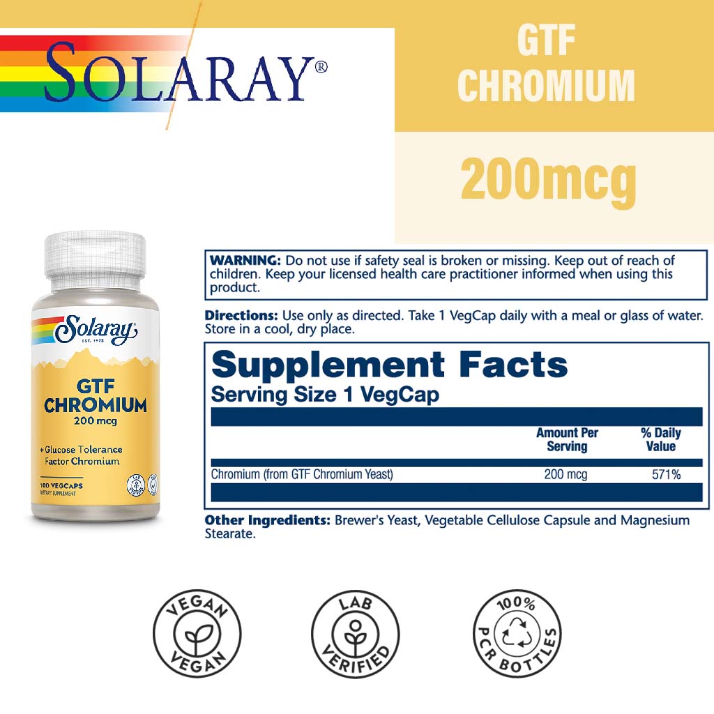 Solaray GTF Chromium 200 mcg Veg Capsules 100's