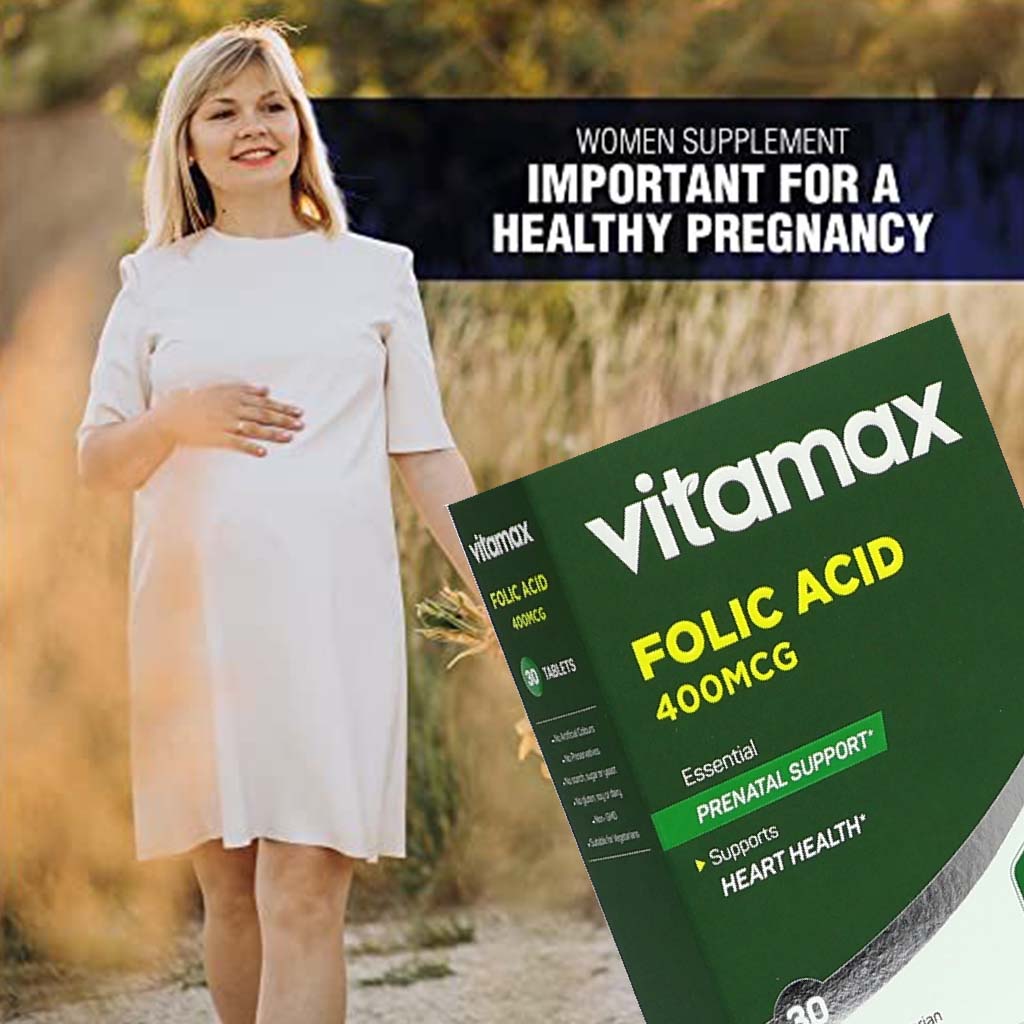 Vitamax Folic Acid 400 mcg Tablets For Prenatal Support & Healthy Heart Function, Pack of 30's