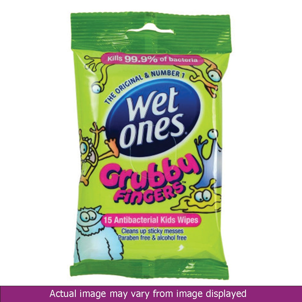 Wet Ones Grubby Fingers Antibacterial Kids Hand, Face & Body Wipes 15's