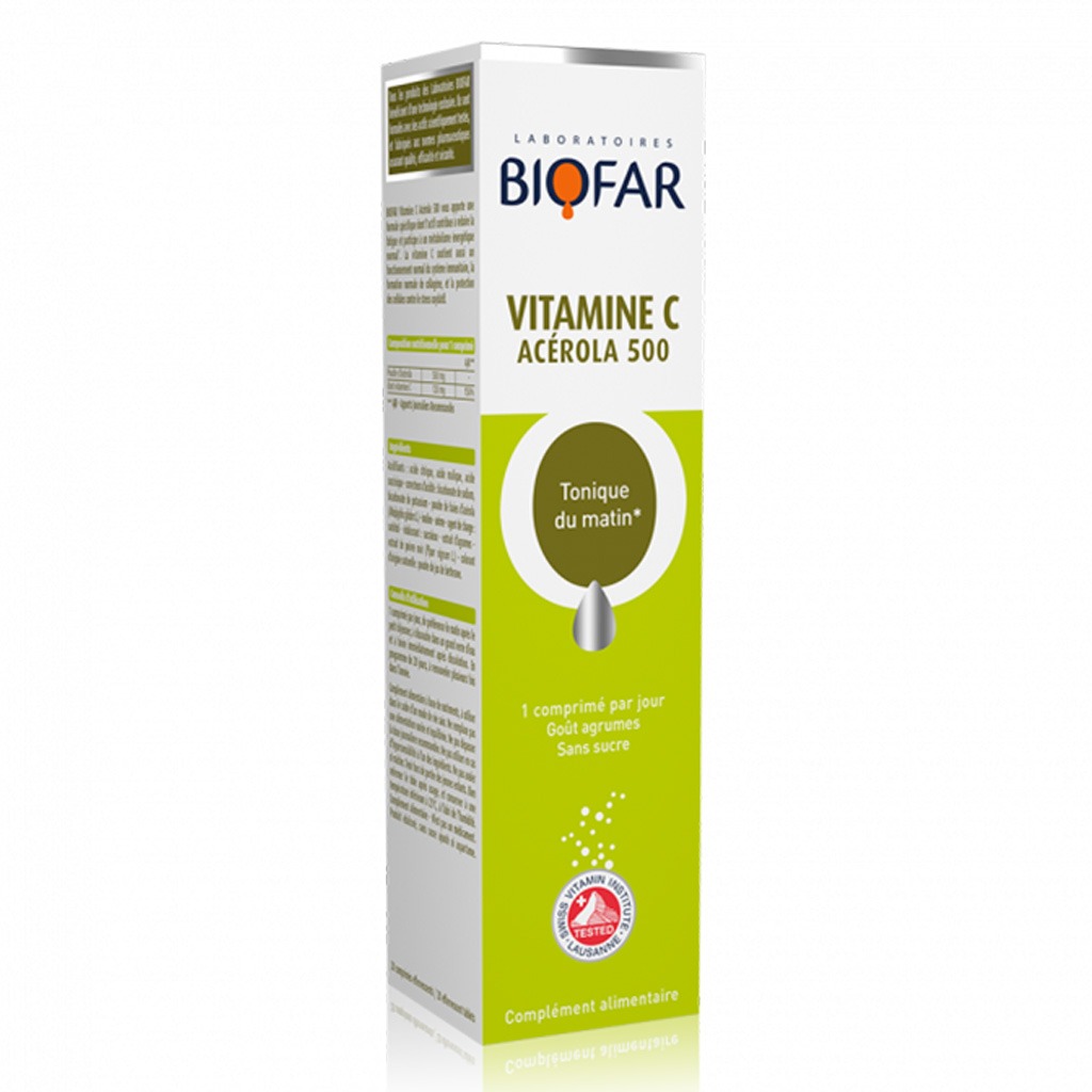 Biofar Vital Vitamin C Acerola 500mg Morning Tonic Effervescent Tablets, Citrus Flavor, Pack of 20's