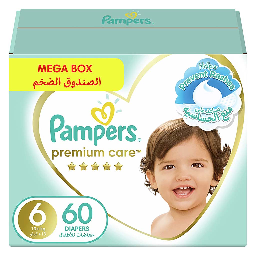 Pampers Premium Care Softest Best Skin Protection Diapers, Size 6, For 13+ Kg Baby, Pack of 60's