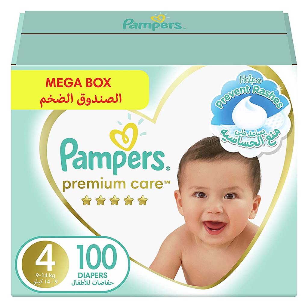 Pampers Premium Care Diapers, Size 4, For 9-14 Kg Baby, Mega Box, Pack of 100's