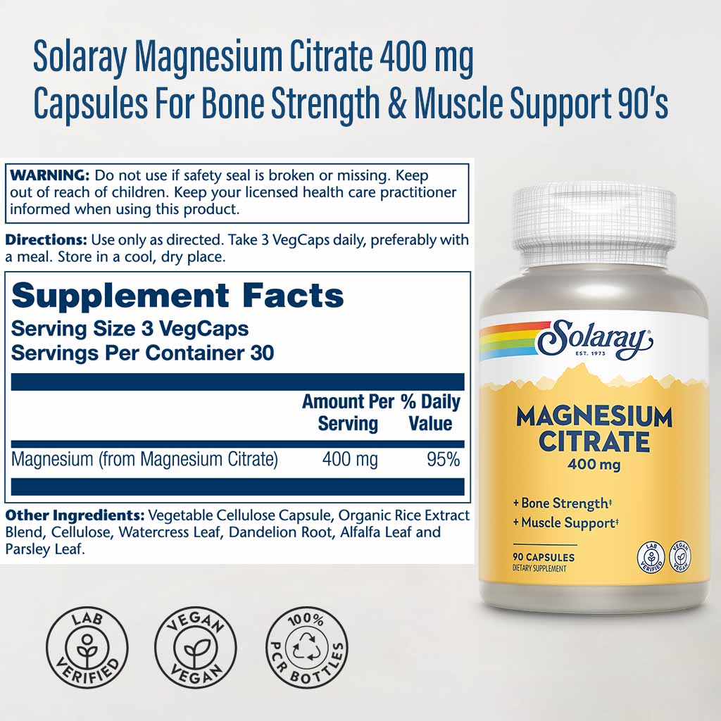 Solaray Magnesium Citrate 400 mg Capsules For Bone Strength & Muscle Support 90’s