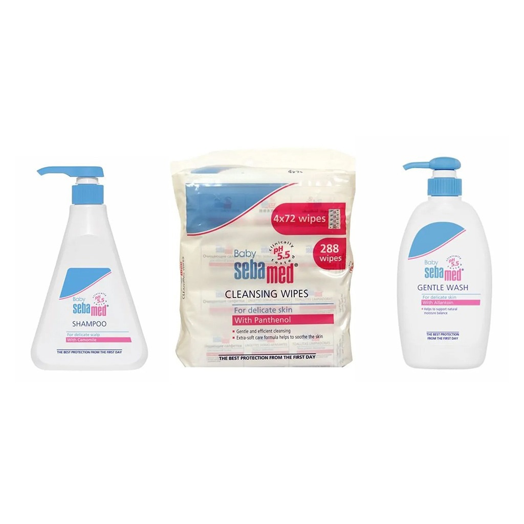 Sebamed Extra Mild Baby Shampoo 500 mL + Wet Wipes 72's Pack 4's + Baby Gentle Wash 400 mL Bundle Pack