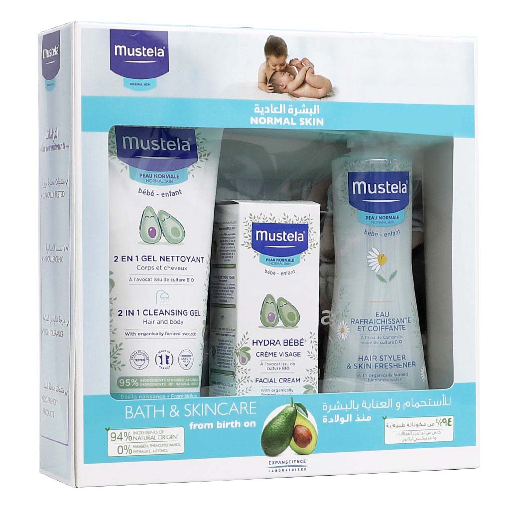 Mustela Baby Bath Time & Skincare Essentials For Normal Skin With Mustela Baby 2 in 1 Cleansing Gel + Mustela Baby Hydra Bebe Facial Cream + Mustela Baby Skin Freshener, Promo Pack of 3 pieces