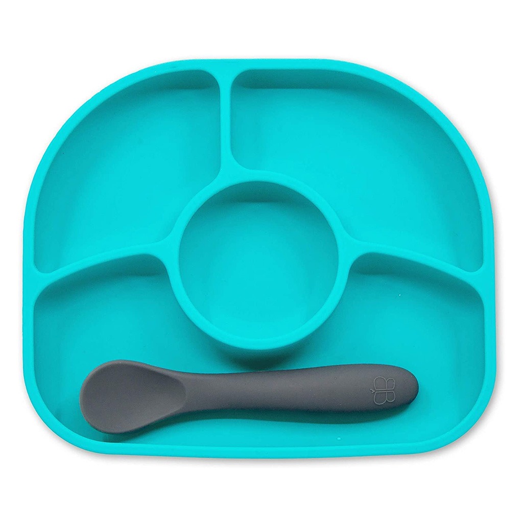 Bbluv Yumi Anti-Spill Silicone Plate And Spoon Set Aqua Blue For Babies