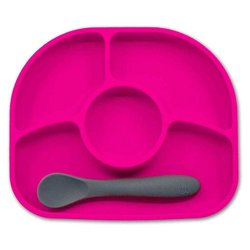 Bbluv Yumi Anti-Spill Silicone Plate And Spoon Set Pink For Babies