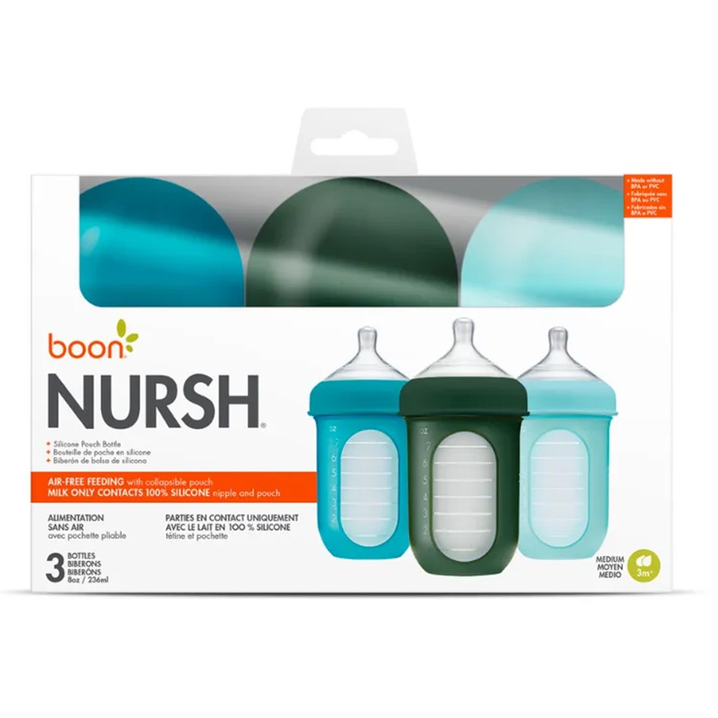 Boon Nursh 3 Months+ Feeding Bottle Blue Multi 236ml, 3's