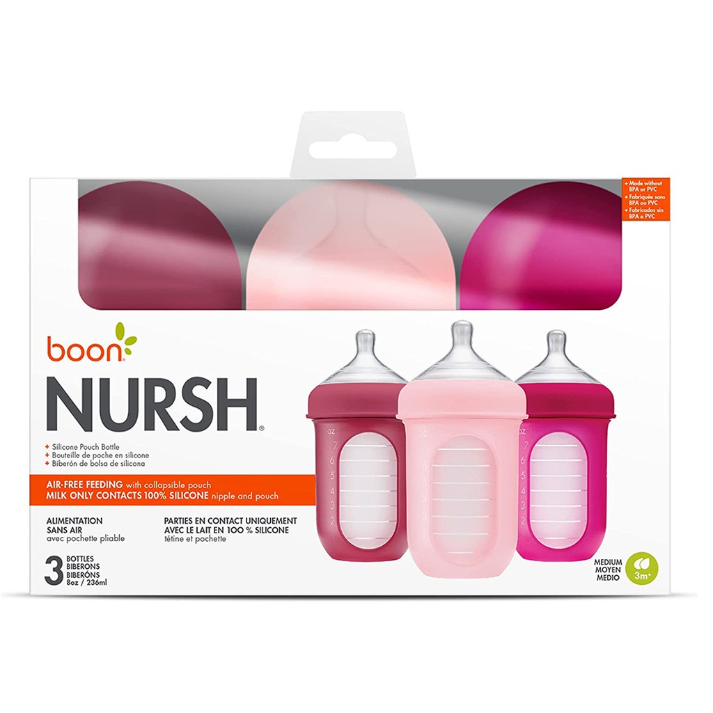 Boon Nursh 3 Months+ Feeding Bottle Pink Multi 236ml, 3's