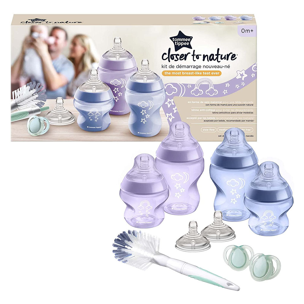 Tommee Tippee Closer To Nature Feeding Bottle Starter Kit, For 0+ Month Babies, Purple, Pack of 9 Pieces