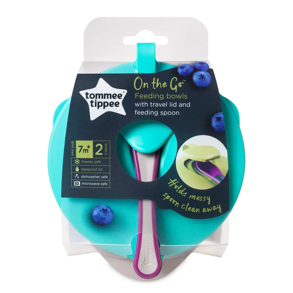 Tommee Tippee On-The-Go Feeding Bowl Blue With Spoon And Lid-Pack Of 2