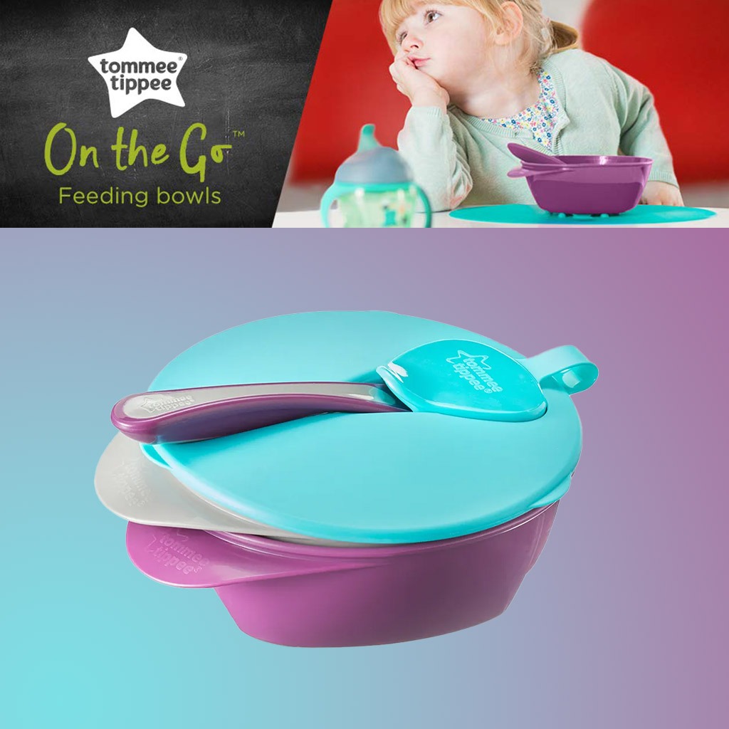 Tommee Tippee On-The-Go Feeding Bowl Blue With Spoon And Lid-Pack Of 2