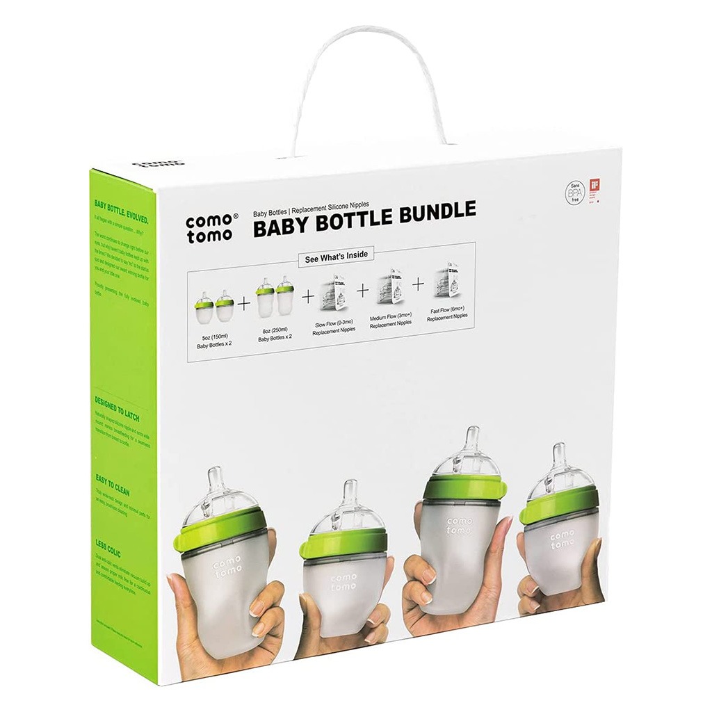 Comotomo Baby Feeding Bottles With Replacement Silicone Nipples-Green, Bundle Pack of 10 Pieces