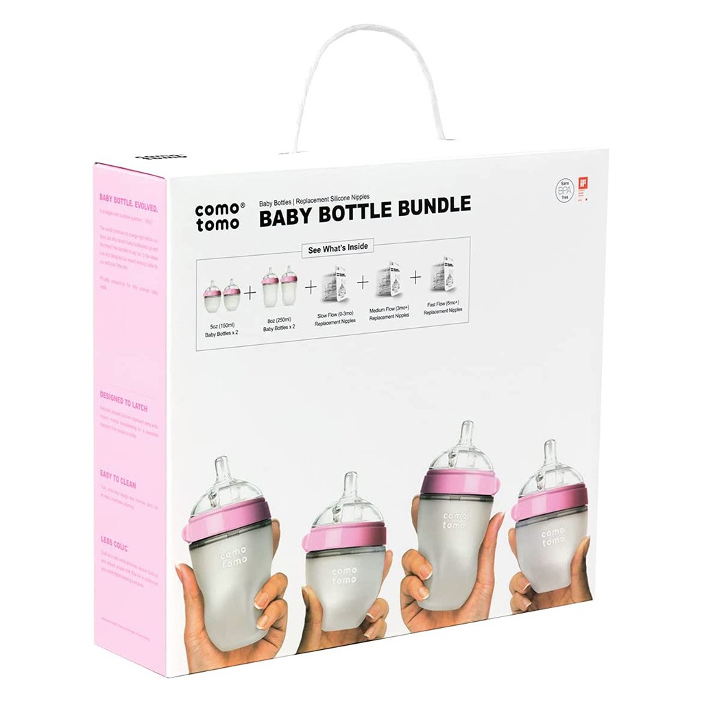 Comotomo Baby Feeding Bottles With Replacement Silicone Nipples-Pink, Bundle Pack of 10 Pieces