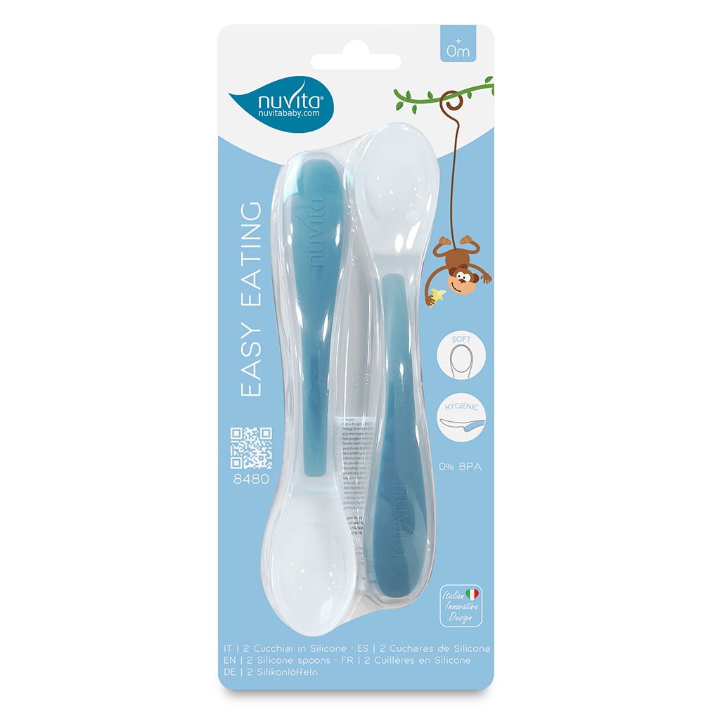 Nuvita Easy Eating Silicone Spoon Set Blue For 6+Months, Pack of 2's