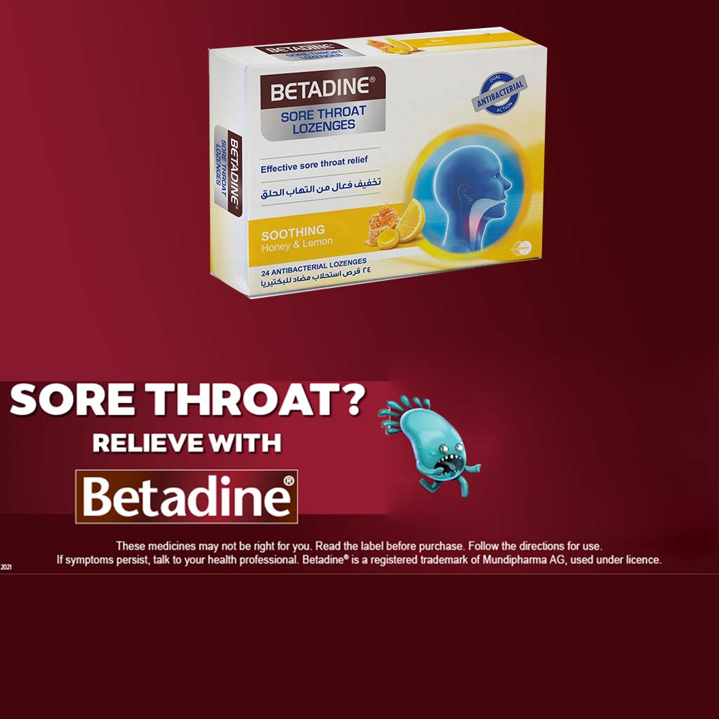 Betadine Sore Throat Antibacterial Lozenges With Soothing Honey & Lemon, Pack of 24's