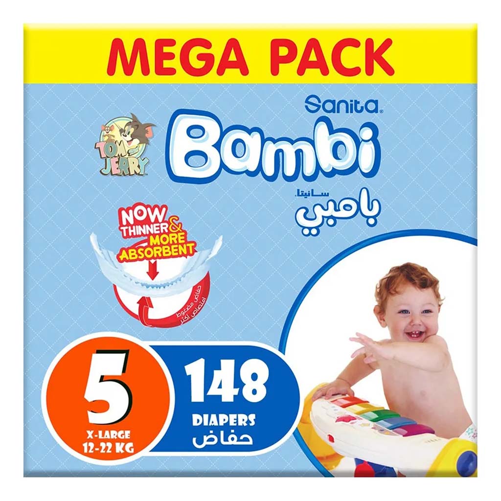 Sanita Bambi Tom And Jerry Baby Diapers, Size 5, X-Large, For 12-22 Kg Baby, Mega Pack of 148's