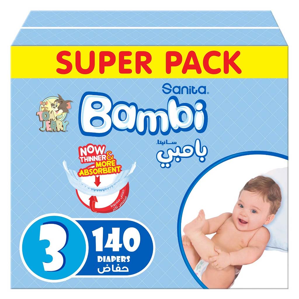 Sanita Bambi Tom And Jerry Baby Diapers, Size 3, Medium For 6-11 Kg Baby, Super Pack of 140's