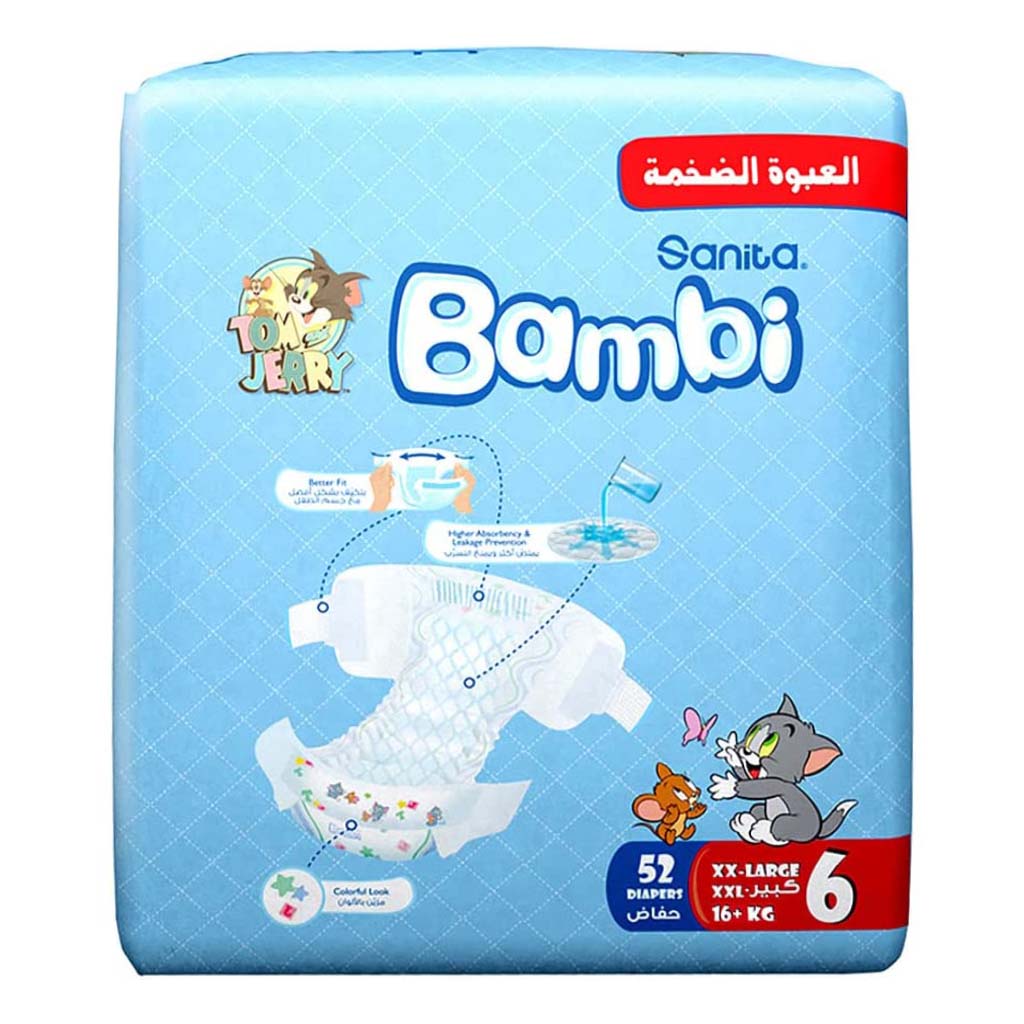 Sanita Bambi Tom And Jerry Baby Diapers, Size 6, XX-Large For 16+Kg Baby, Mega Pack of 104's
