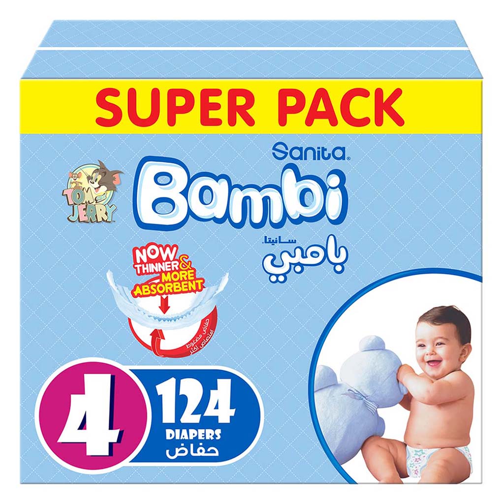 Sanita Bambi Tom And Jerry Baby Diapers, Size 4, Large For 8-16 Kg Baby, Super Pack of 124's 