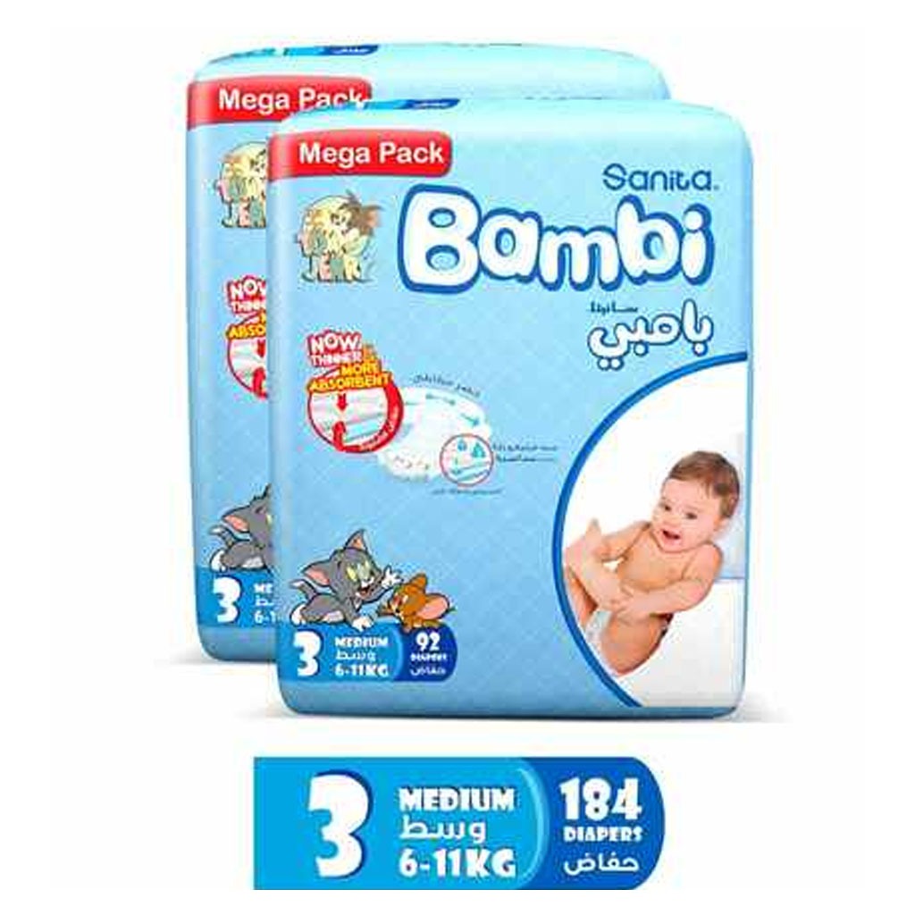 Sanita Bambi Tom And Jerry Baby Diapers, Size 3, Medium For 6-11 Kg Baby, 2 × 92's, Mega Pack of 184's